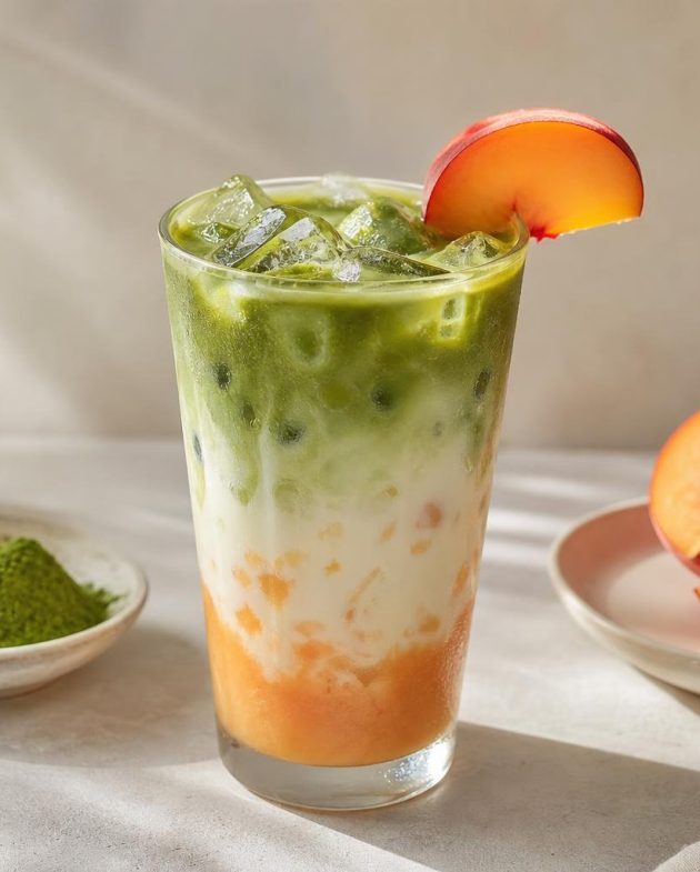 Glass of matcha and peach iced latte with ice and peach garnish