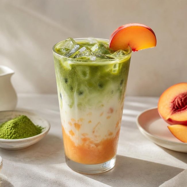 Glass of matcha and peach iced latte with ice and peach garnish