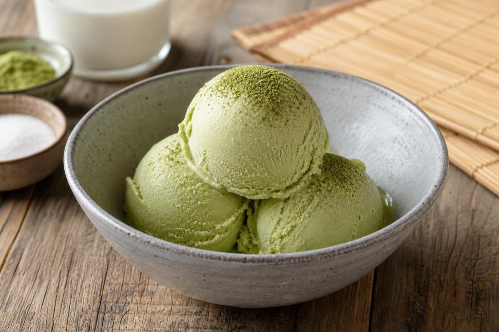 Creamy Japanese matcha green tea ice cream served in a white bowl with matcha powder garnish