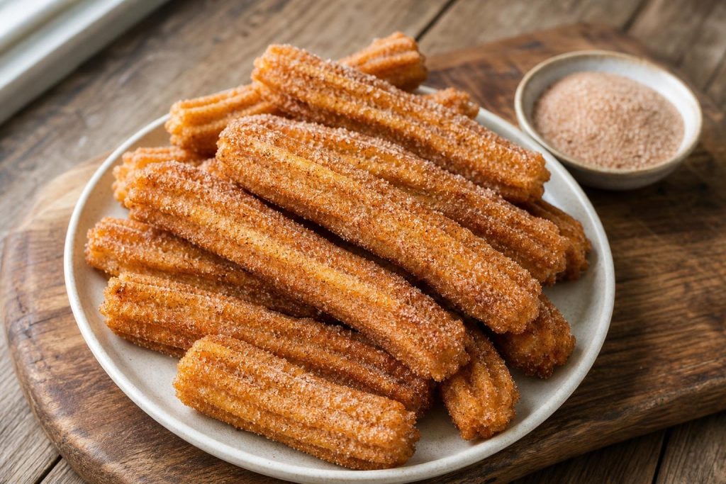 Golden Mexican churros coated with cinnamon sugar on a rustic wooden board