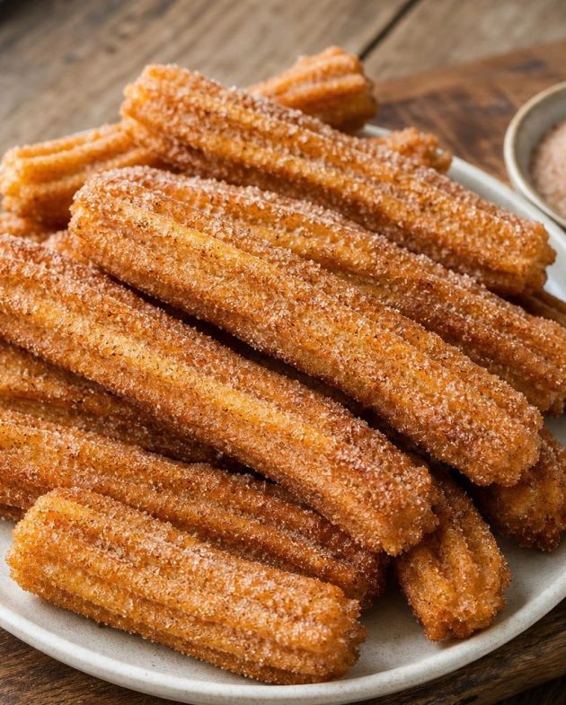 Golden Mexican churros coated with cinnamon sugar on a rustic wooden board