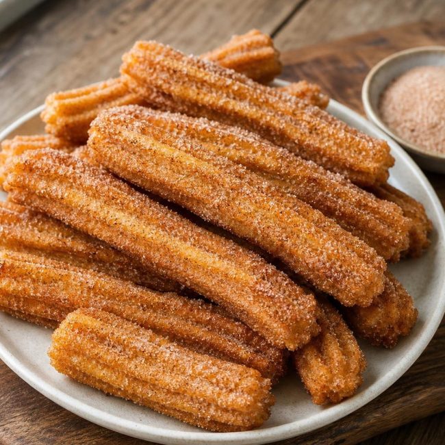 Golden Mexican churros coated with cinnamon sugar on a rustic wooden board