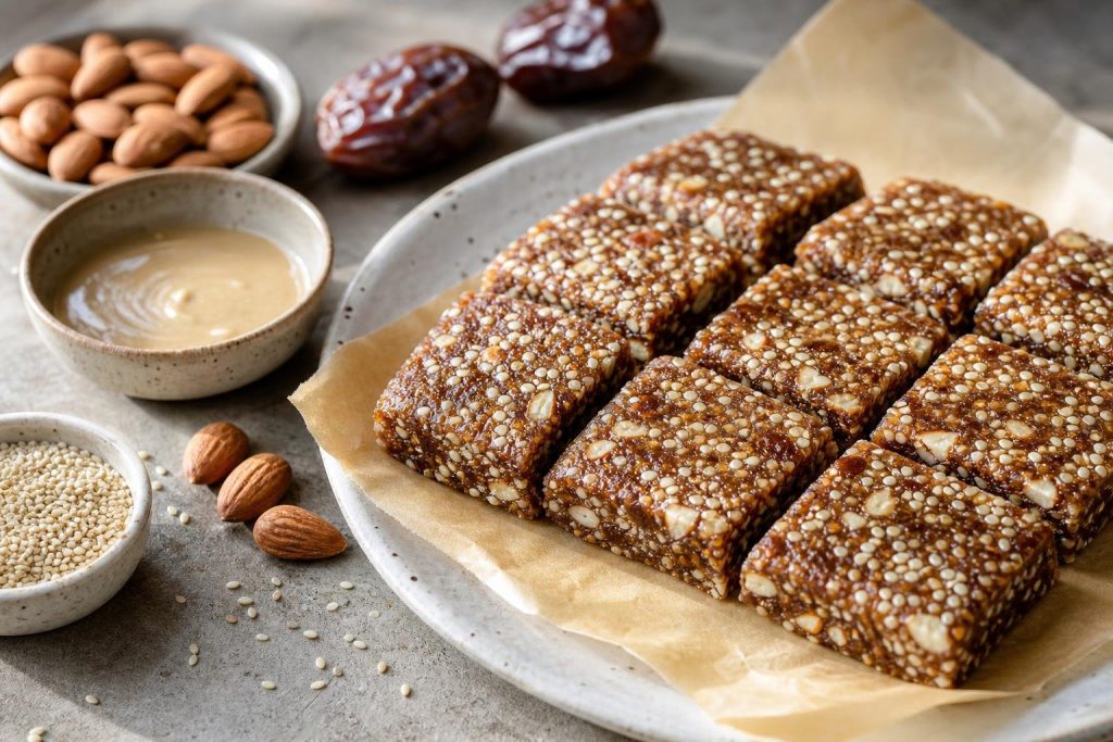 Square pieces of chewy Middle Eastern date and tahini bars showing nuts and seeds on parchment paper.
