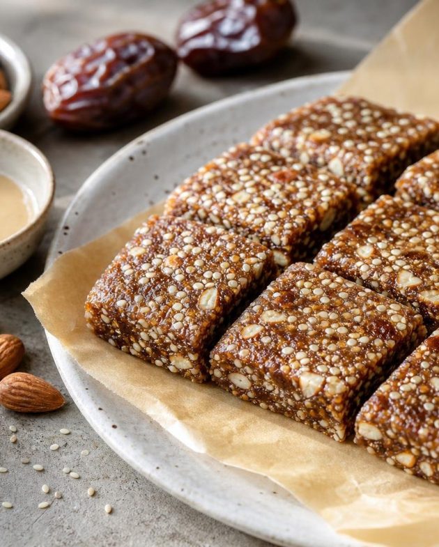 Square pieces of chewy Middle Eastern date and tahini bars showing nuts and seeds on parchment paper.