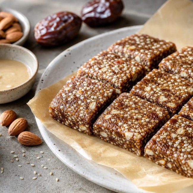 Square pieces of chewy Middle Eastern date and tahini bars showing nuts and seeds on parchment paper.