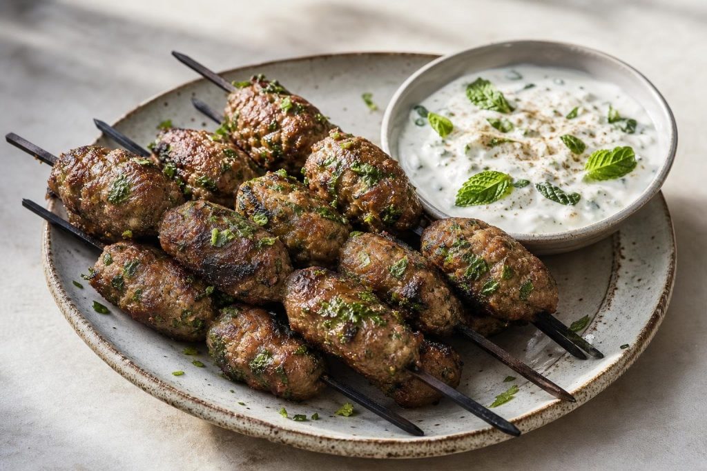 Grilled Middle Eastern lamb kofta skewers with cumin and mint yogurt sauce on the side