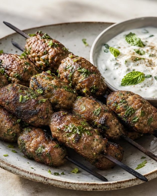 Grilled Middle Eastern lamb kofta skewers with cumin and mint yogurt sauce on the side