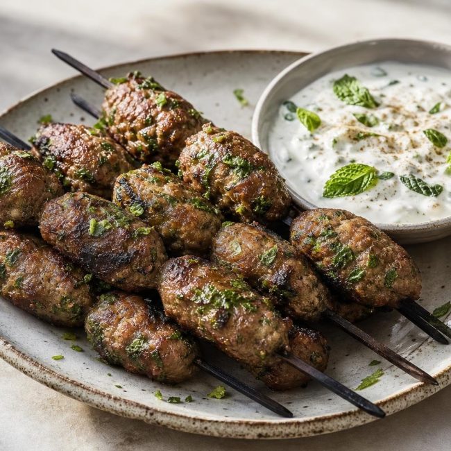 Grilled Middle Eastern lamb kofta skewers with cumin and mint yogurt sauce on the side
