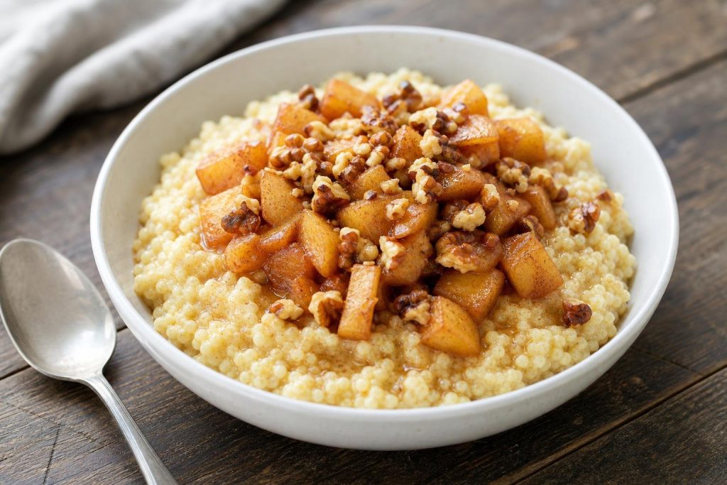 Millet porridge topped with cinnamon apples and toasted walnuts in a white bowl