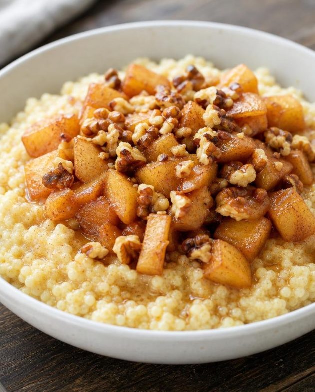 Millet porridge topped with cinnamon apples and toasted walnuts in a white bowl