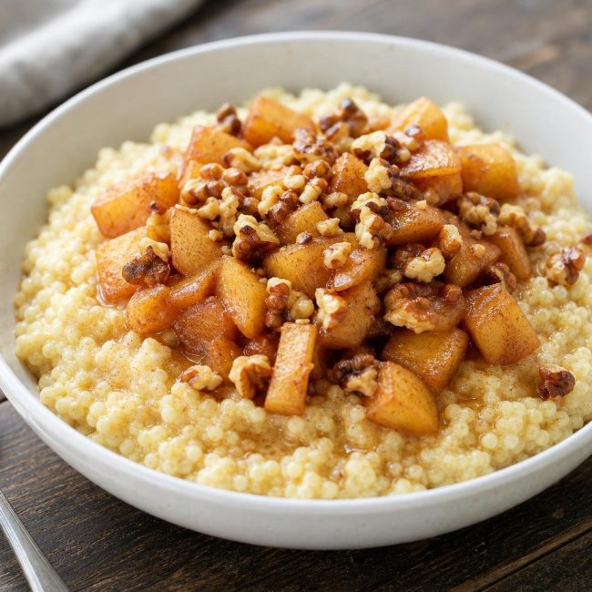 Millet porridge topped with cinnamon apples and toasted walnuts in a white bowl