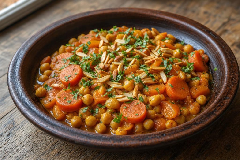 Bowl of Moroccan chickpea and carrot tagine with dried apricots and almonds garnished with cilantro.