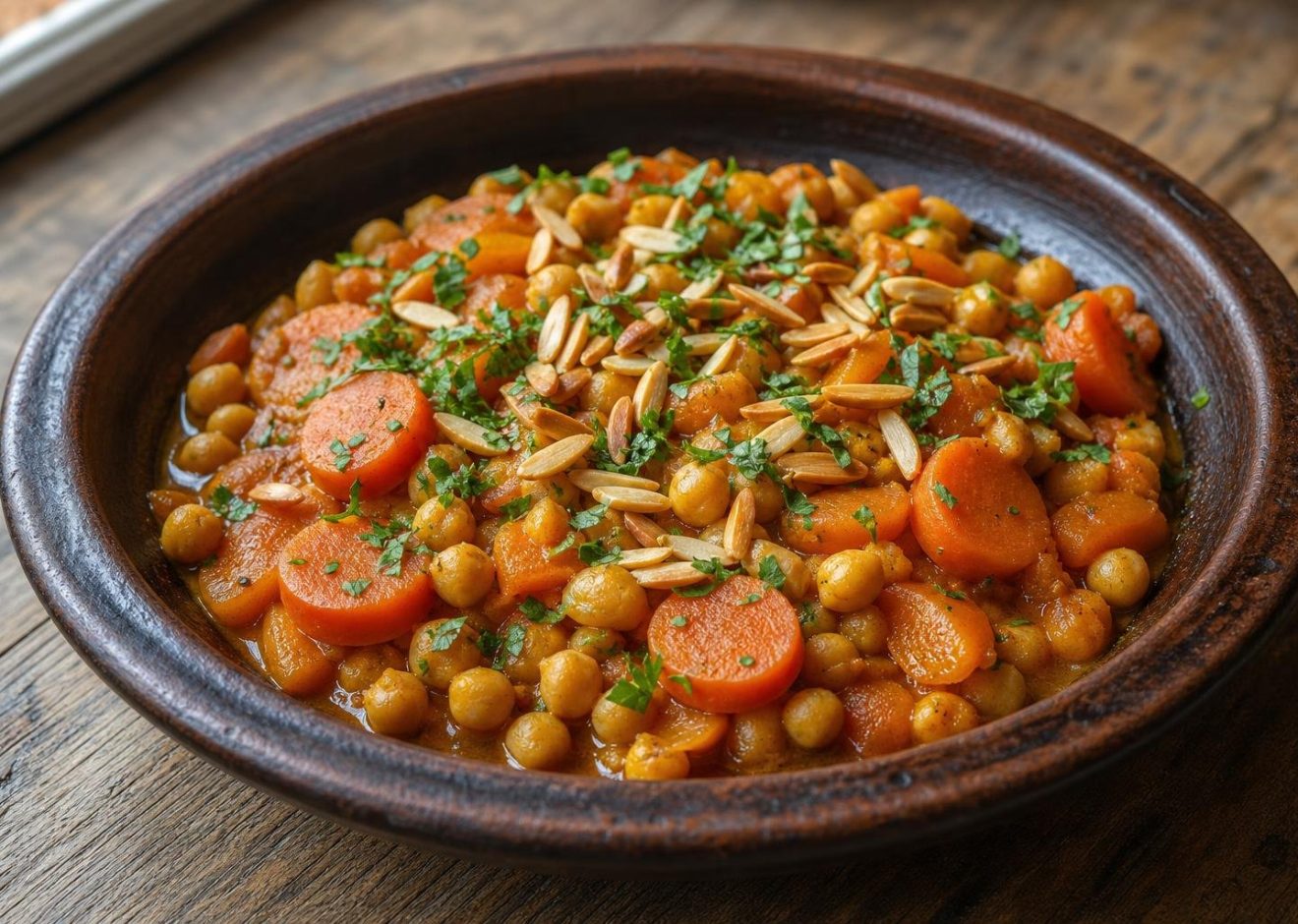 Bowl of Moroccan chickpea and carrot tagine with dried apricots and almonds garnished with cilantro.