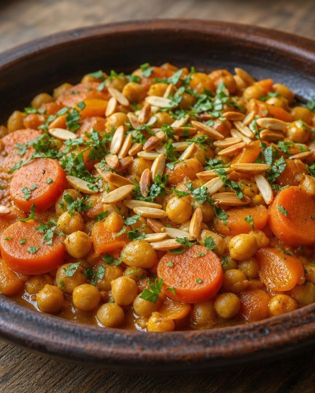 Bowl of Moroccan chickpea and carrot tagine with dried apricots and almonds garnished with cilantro.