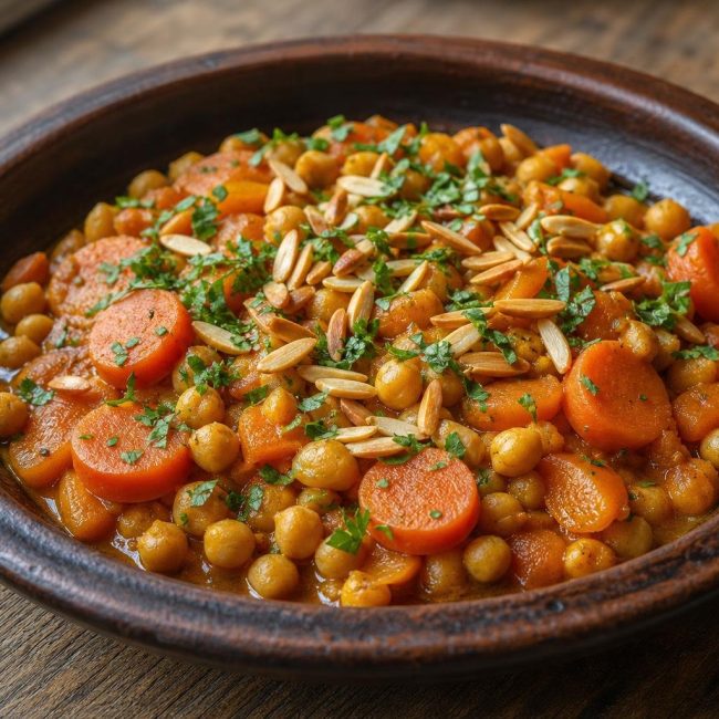 Bowl of Moroccan chickpea and carrot tagine with dried apricots and almonds garnished with cilantro.