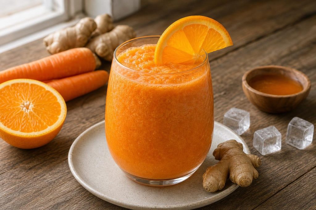Glass of orange and carrot ginger frappe garnished with orange slice and ginger piece on rustic table