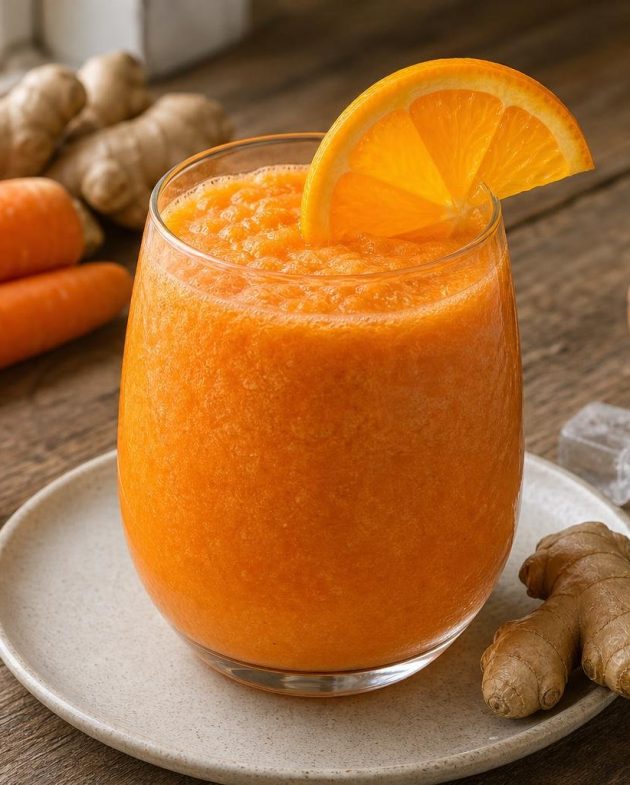 Glass of orange and carrot ginger frappe garnished with orange slice and ginger piece on rustic table