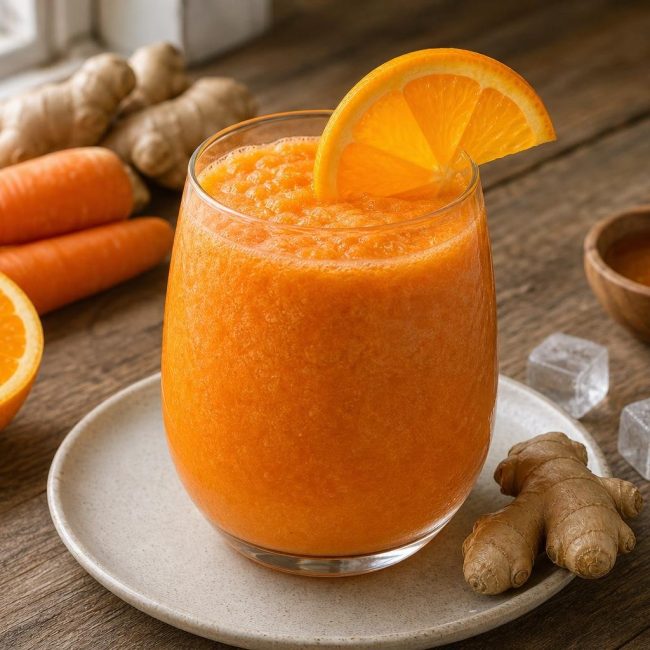 Glass of orange and carrot ginger frappe garnished with orange slice and ginger piece on rustic table