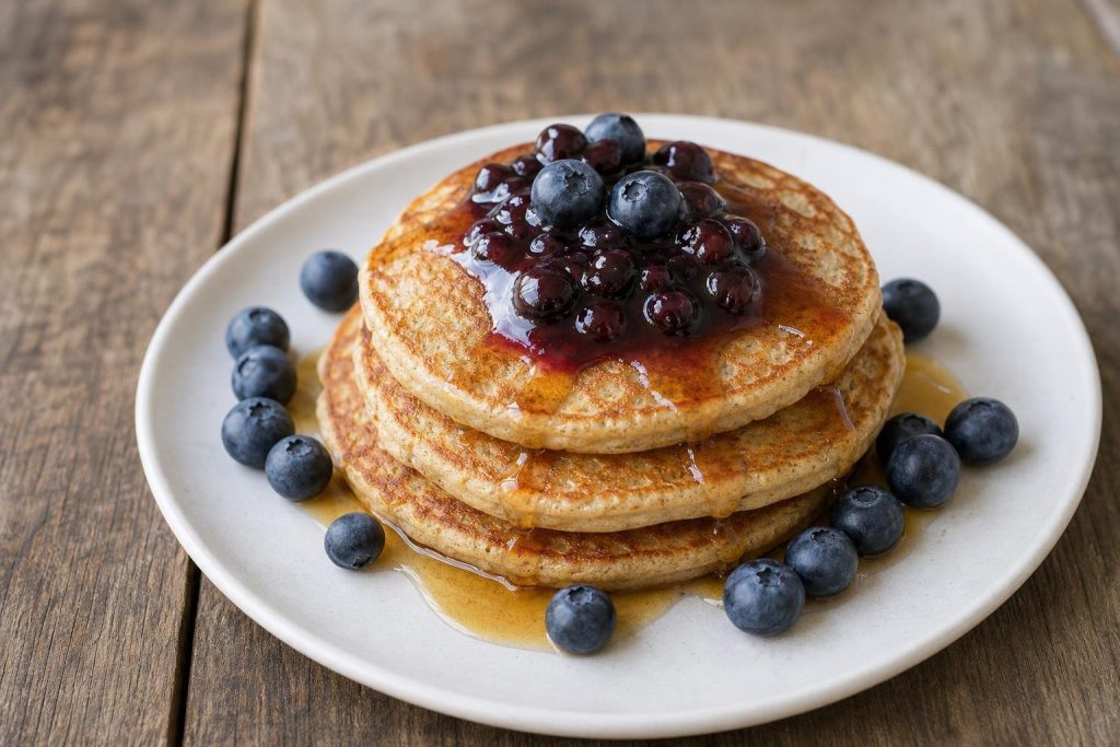 Stack of buckwheat pancakes topped with blueberry compote and maple syrup on a white plate.