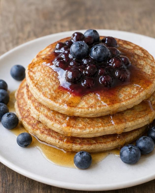 Stack of buckwheat pancakes topped with blueberry compote and maple syrup on a white plate.