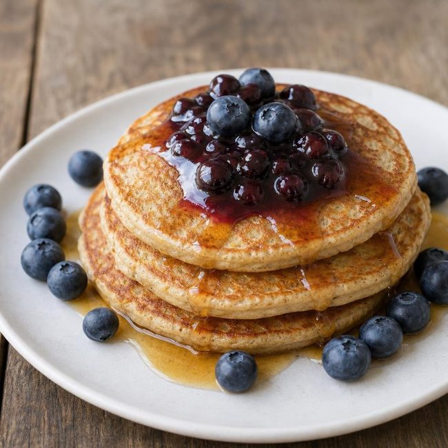 Stack of buckwheat pancakes topped with blueberry compote and maple syrup on a white plate.