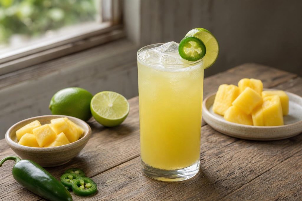 Glass of pineapple and jalapeño agua fresca garnished with jalapeño slice and lime wedge on a wooden table.