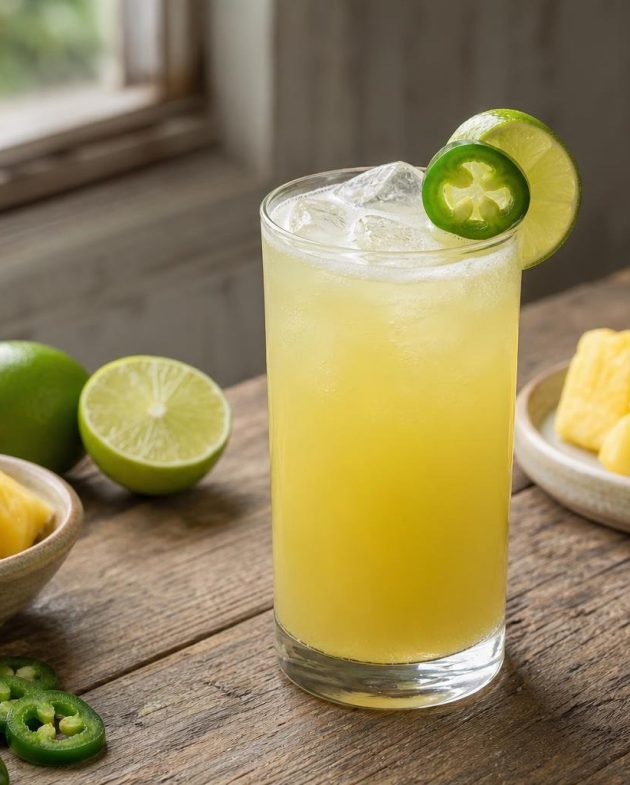 Glass of pineapple and jalapeño agua fresca garnished with jalapeño slice and lime wedge on a wooden table.