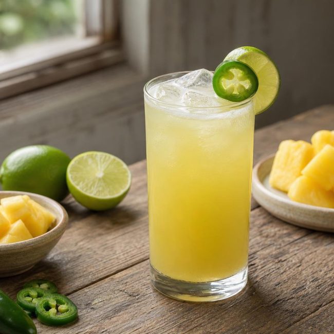 Glass of pineapple and jalapeño agua fresca garnished with jalapeño slice and lime wedge on a wooden table.