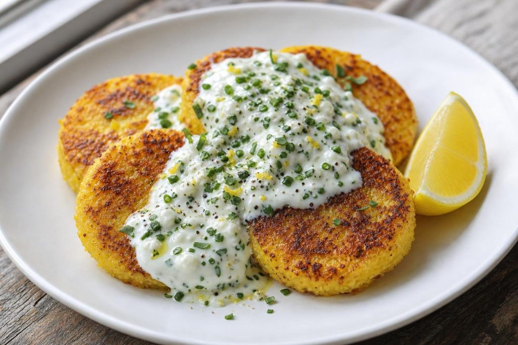 Golden pan-fried polenta breakfast cakes served with fresh herb yogurt sauce on a white plate