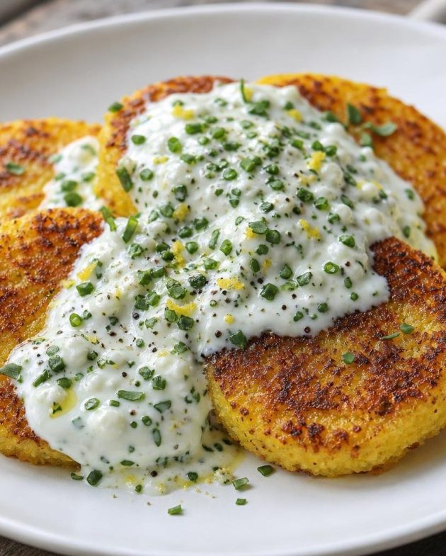 Golden pan-fried polenta breakfast cakes served with fresh herb yogurt sauce on a white plate