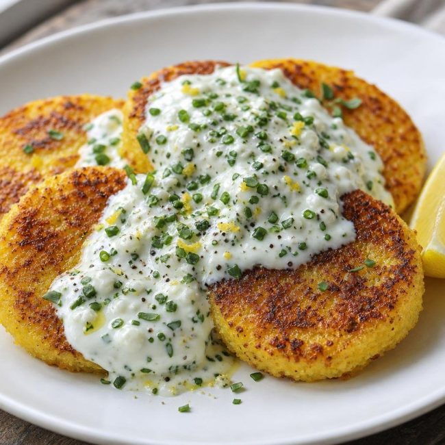 Golden pan-fried polenta breakfast cakes served with fresh herb yogurt sauce on a white plate
