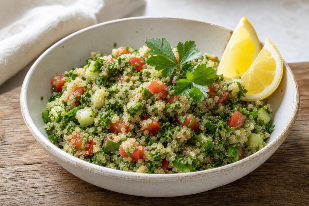 Quinoa tabbouleh with parsley, mint, diced tomato and cucumber in a white bowl garnished with lemon wedges and parsley sprig.