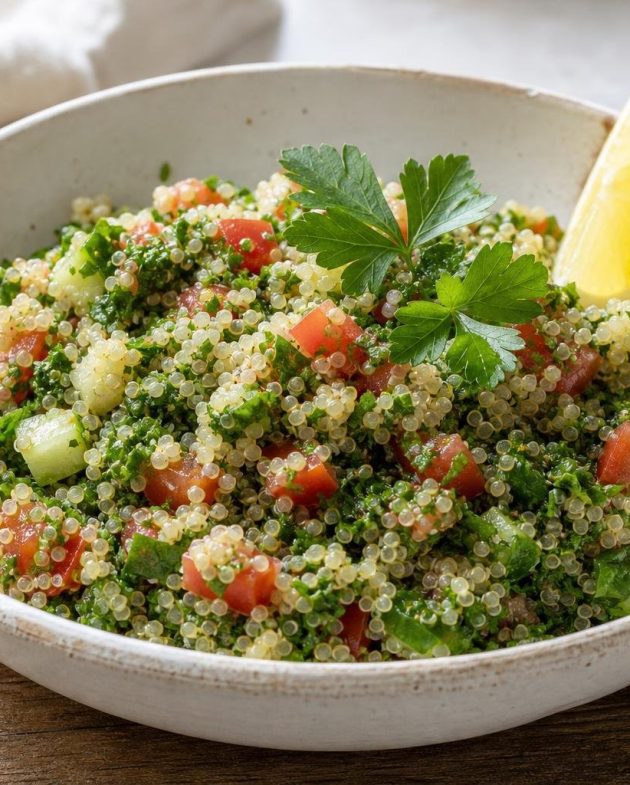Quinoa tabbouleh with parsley, mint, diced tomato and cucumber in a white bowl garnished with lemon wedges and parsley sprig.