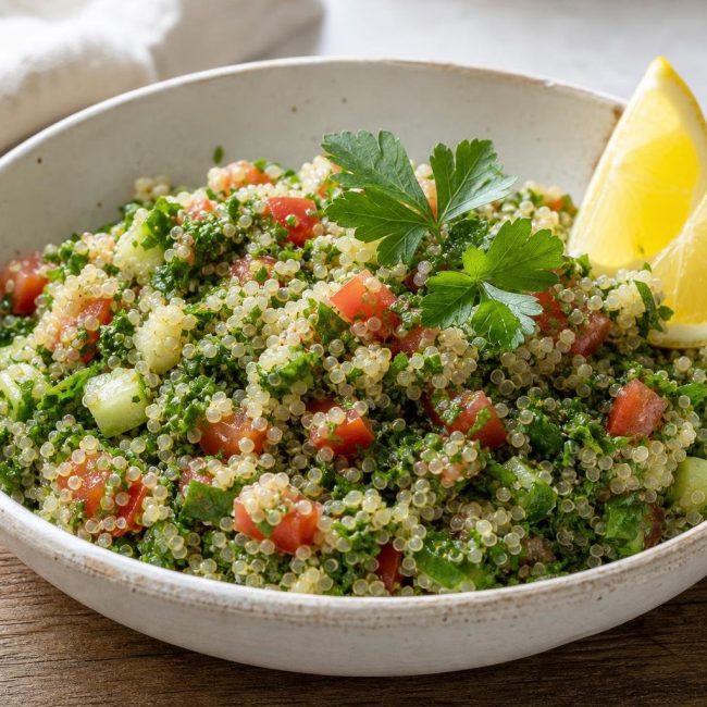 Quinoa tabbouleh with parsley, mint, diced tomato and cucumber in a white bowl garnished with lemon wedges and parsley sprig.