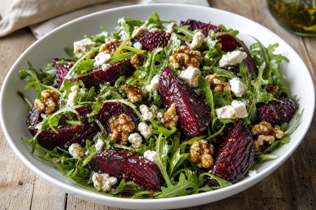 Roasted beet and walnut salad with crumbled goat cheese and fresh arugula in a white bowl