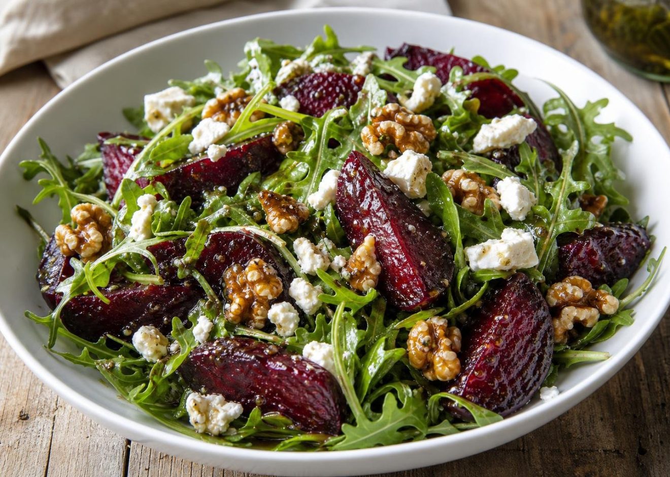 Roasted beet and walnut salad with crumbled goat cheese and fresh arugula in a white bowl