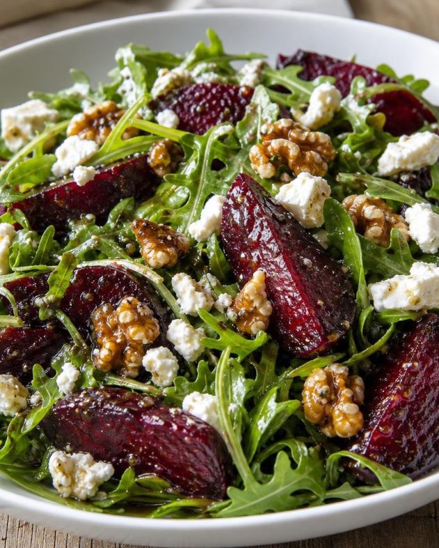 Roasted beet and walnut salad with crumbled goat cheese and fresh arugula in a white bowl
