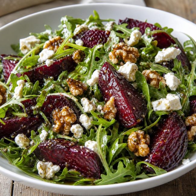 Roasted beet and walnut salad with crumbled goat cheese and fresh arugula in a white bowl