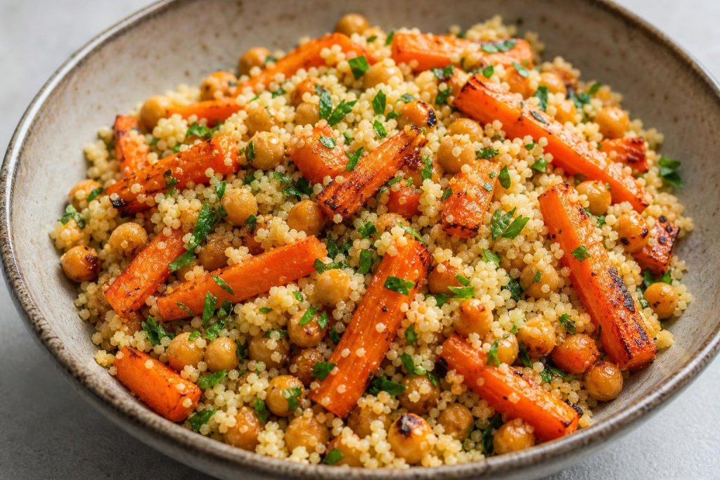 A bowl of roasted carrot and chickpea couscous salad garnished with fresh parsley.