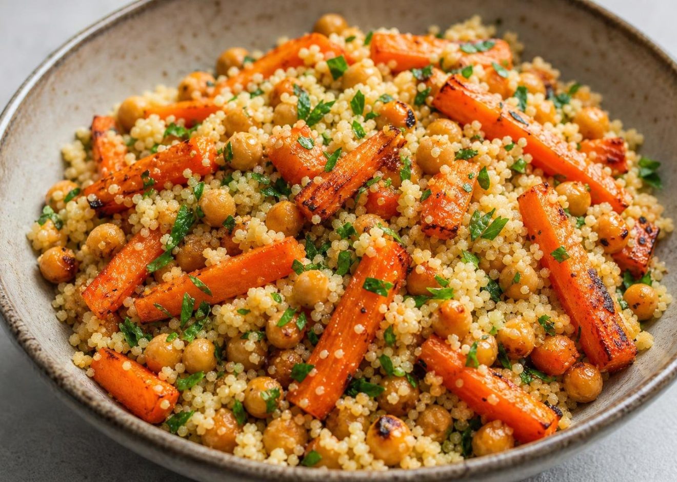 A bowl of roasted carrot and chickpea couscous salad garnished with fresh parsley.