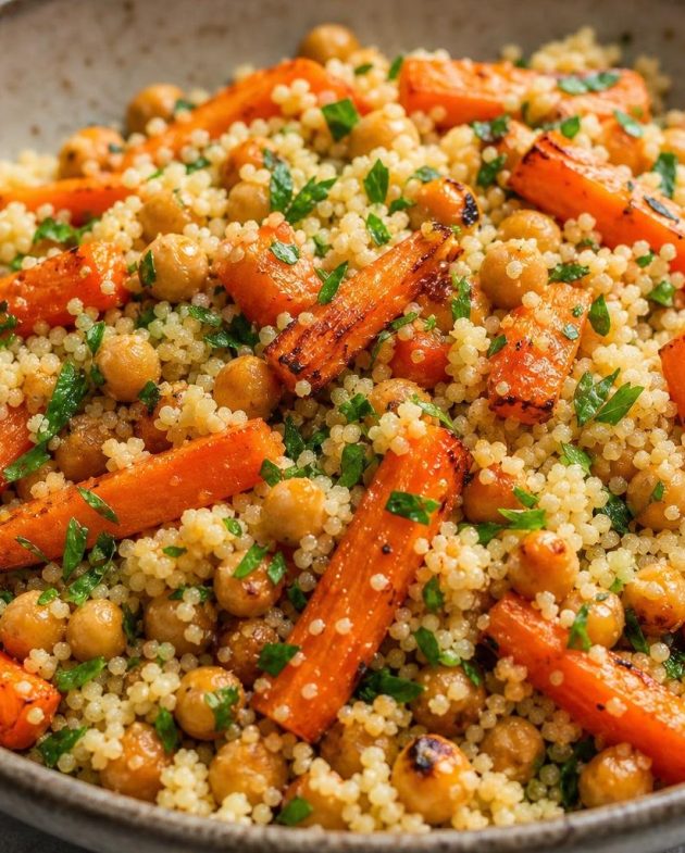 A bowl of roasted carrot and chickpea couscous salad garnished with fresh parsley.