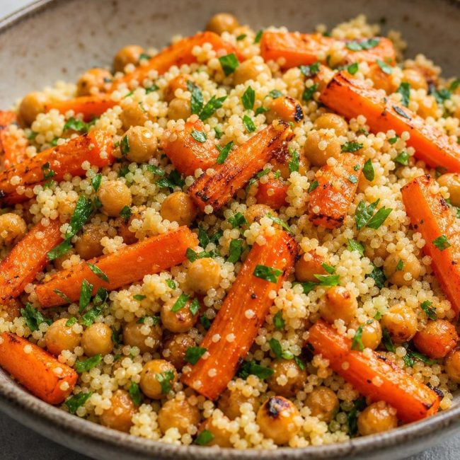 A bowl of roasted carrot and chickpea couscous salad garnished with fresh parsley.
