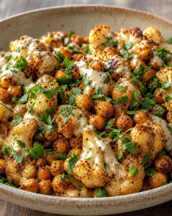 Roasted cauliflower and chickpea salad with creamy tahini dressing and fresh cilantro garnish in a rustic bowl.