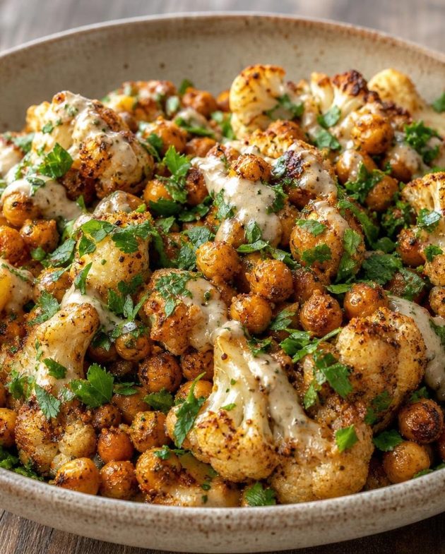 Roasted cauliflower and chickpea salad with creamy tahini dressing and fresh cilantro garnish in a rustic bowl.