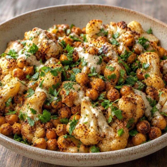 Roasted cauliflower and chickpea salad with creamy tahini dressing and fresh cilantro garnish in a rustic bowl.