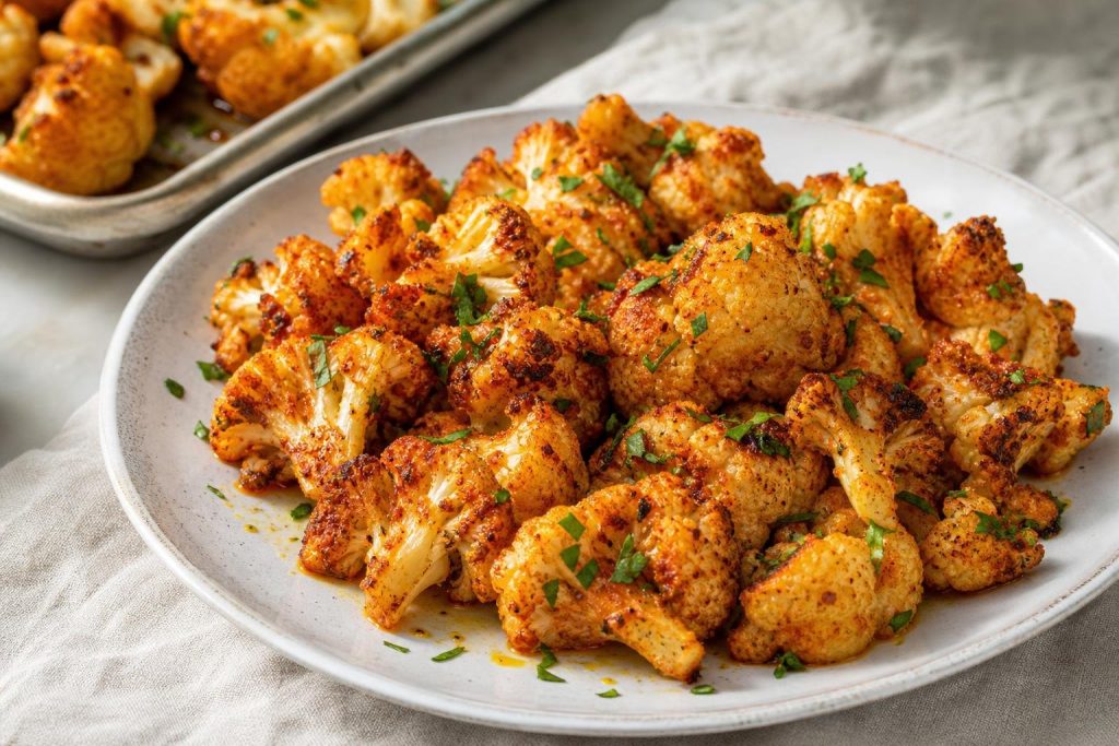 Roasted cauliflower florets seasoned with paprika and lemon, garnished with fresh parsley on a white plate.