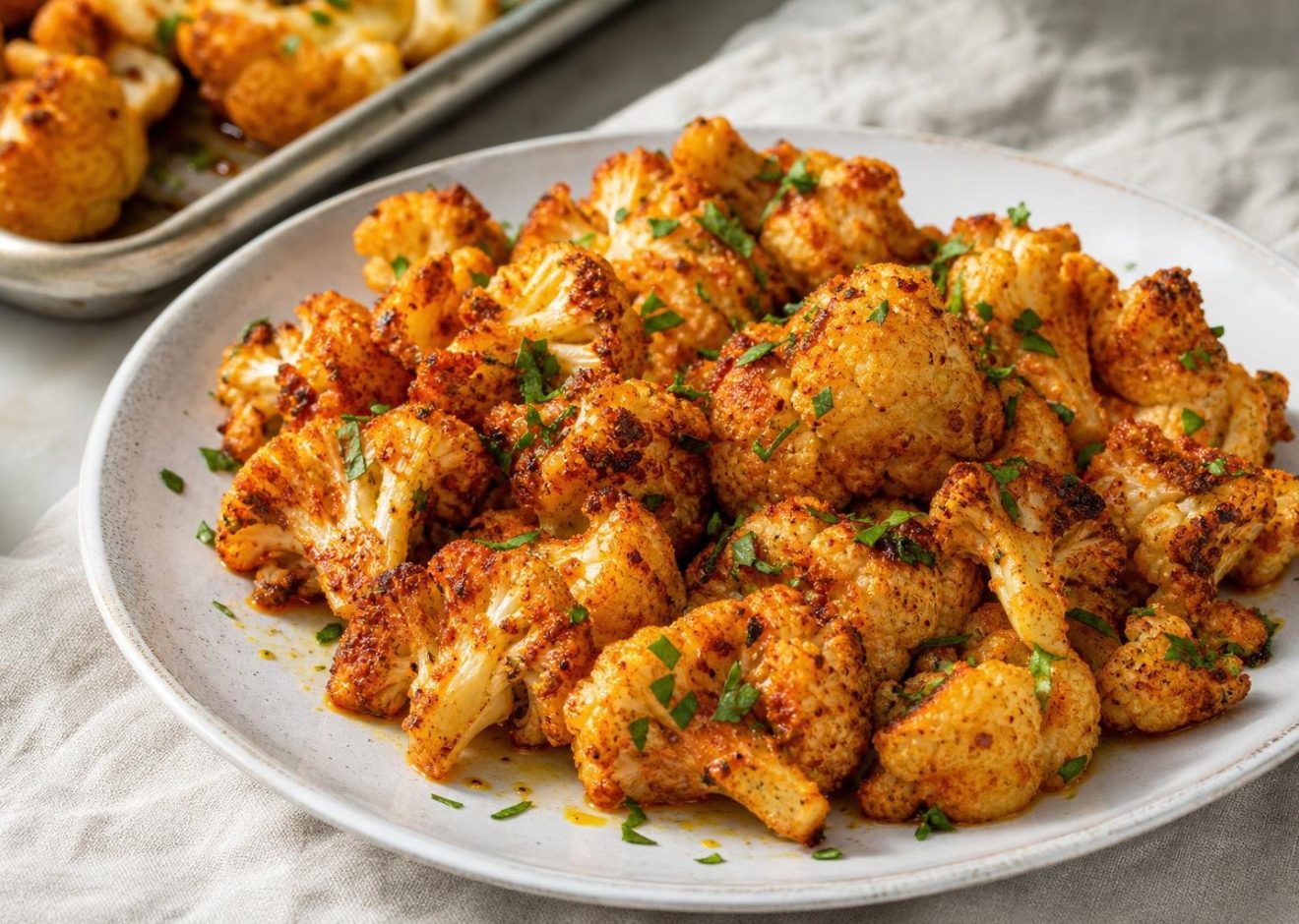 Roasted cauliflower florets seasoned with paprika and lemon, garnished with fresh parsley on a white plate.