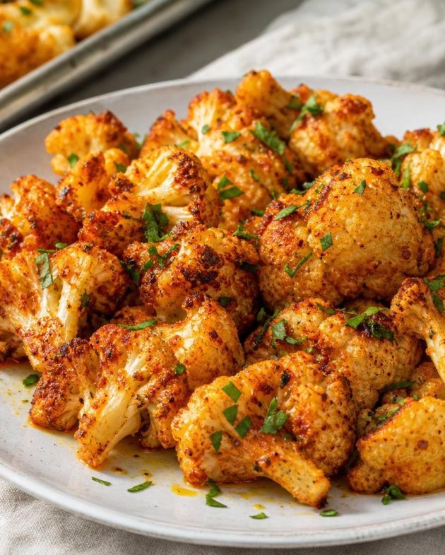 Roasted cauliflower florets seasoned with paprika and lemon, garnished with fresh parsley on a white plate.