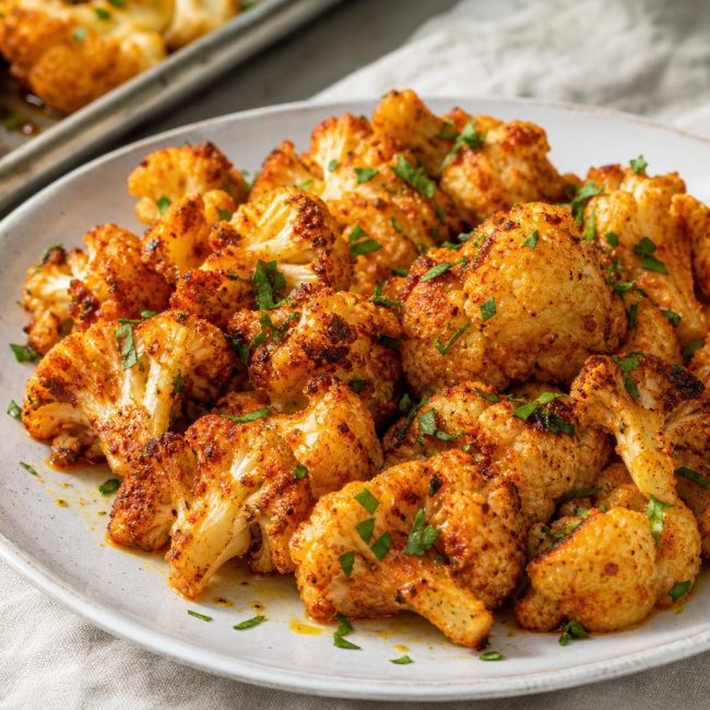 Roasted cauliflower florets seasoned with paprika and lemon, garnished with fresh parsley on a white plate.