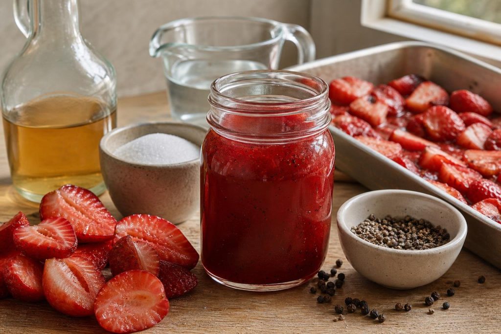 Jar of roasted strawberry and black pepper shrub with fresh strawberries and cracked black pepper on wooden surface.